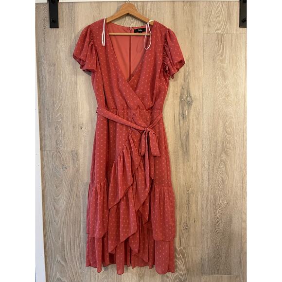 Lulus - Mauve Swiss Dot Ruffled Wrap Midi Dress / L / pink - Picture 2 of 5